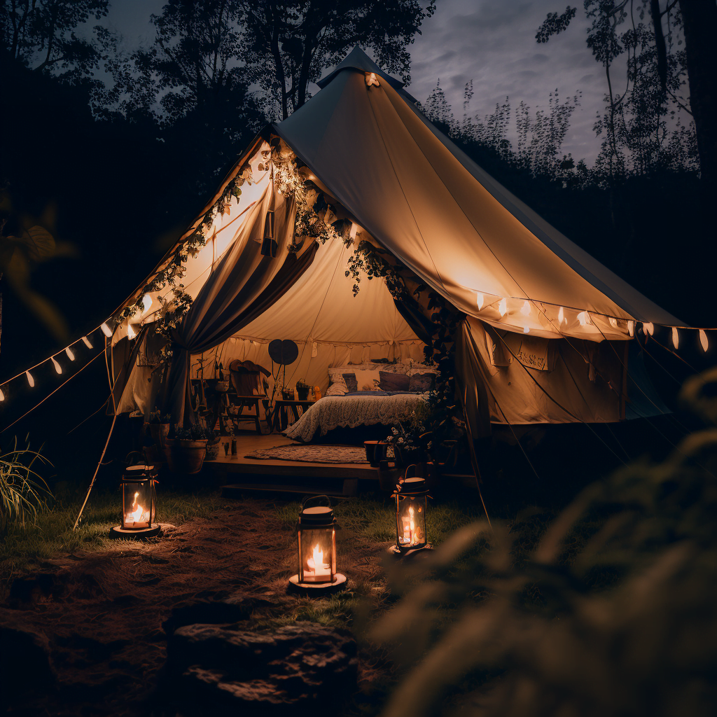 beautiful yurt in the back yard, romantic date night mood lighting and three lanterns in front. there is a bed inside the yurt and it's stacked with pillows.