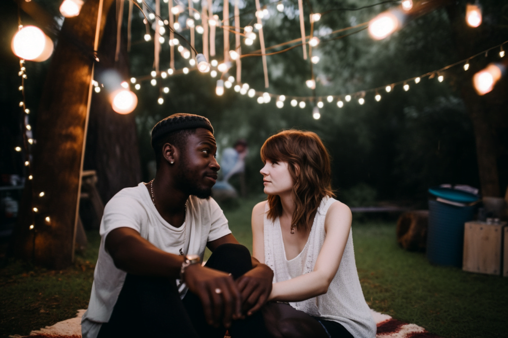 happy black man and white woman in a romantic back yard date with fairy lights in the background. theyre both wearing white.
