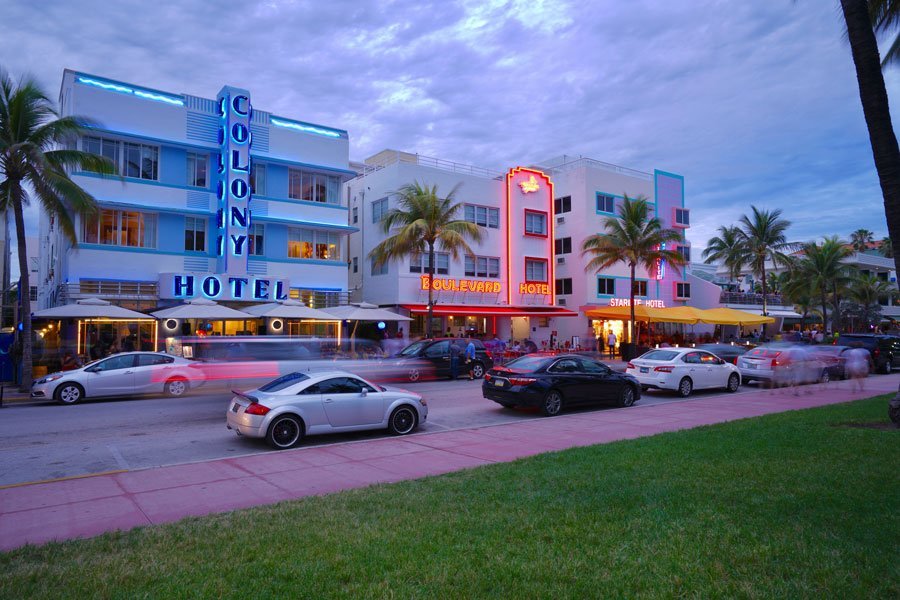 street view of the art deco buildings for a romantic date night in south beach