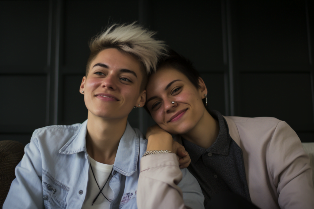 androgynous couple sitting close to each other on the couch, smiling