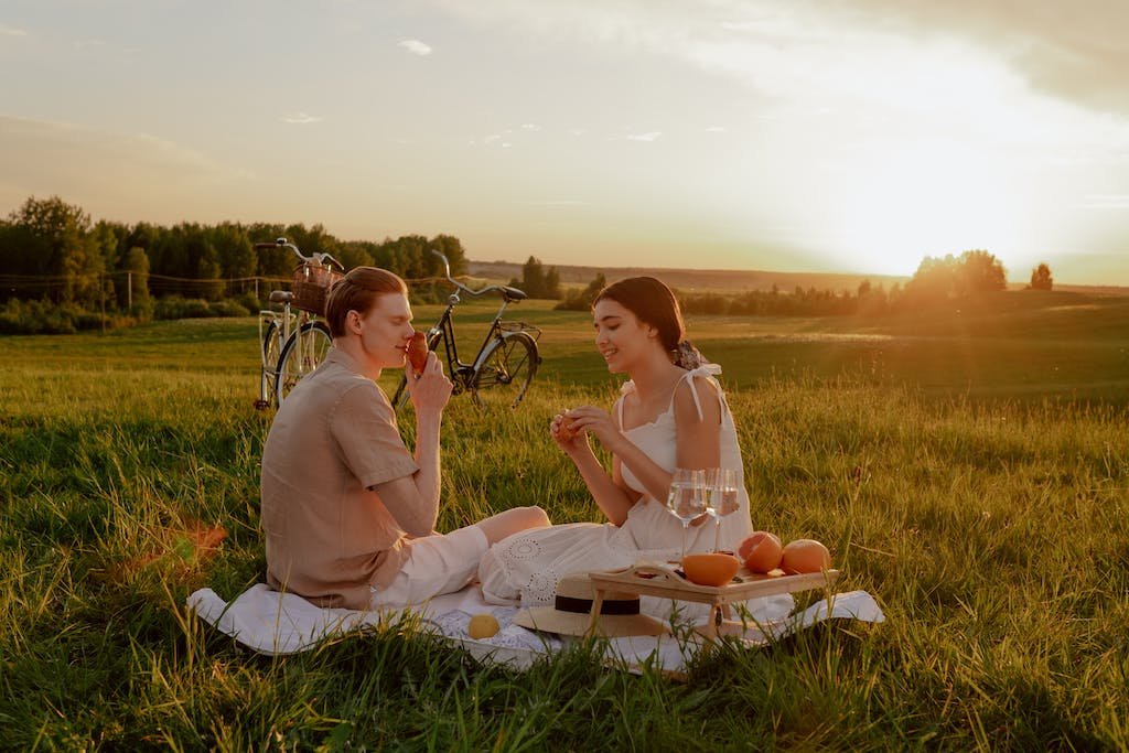 Couple Having Picnic on Grass at Sunset picnic